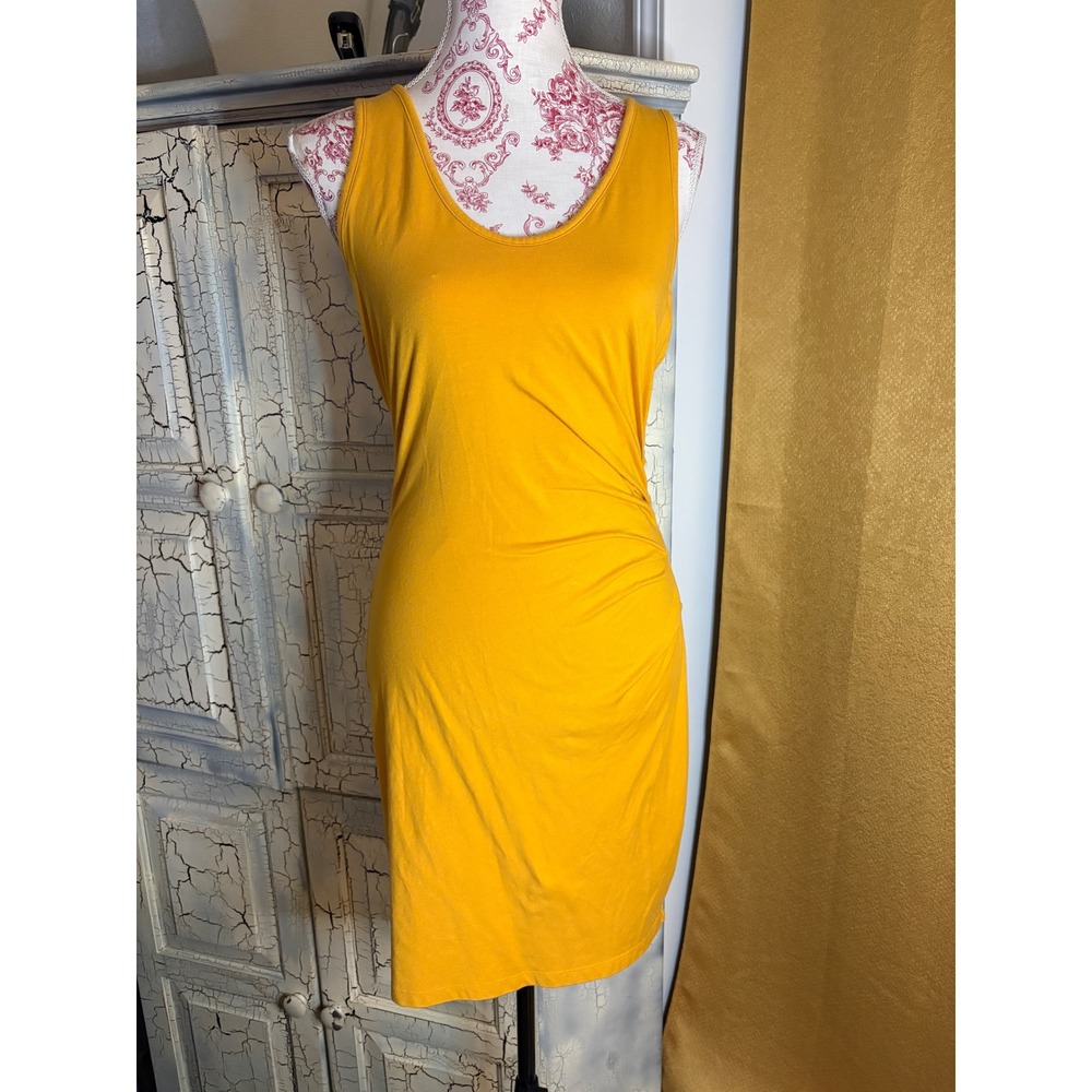 Athleta Mustard Yellow Ruched Side Sleeveless Midi Dress Med Cotton Blend Preppy - Picture 2 of 7